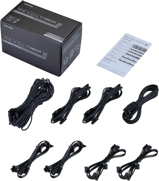 Main image of Phanteks (PH-CBKT-G5S_BK01) Revolt Cable Kit, PCIe Gen5 Starter Set, 12VHPWR, Individually Sleeved Cables with Combs, Compatible with Revolt and AMP Series Power Supplies, Black
