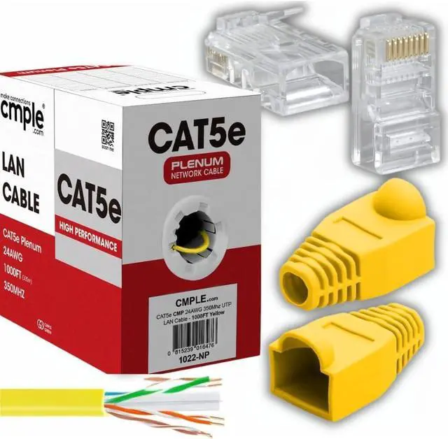 Main image of Cmple - Yellow Plenum Cat 5e Ethernet Cable 1000ft 350MHz Outdoor + 50 Pack Yellow RJ45 Strain Relief Boots + 100 Pack RJ45 Gold-Plated Crimp Connectors for Networking