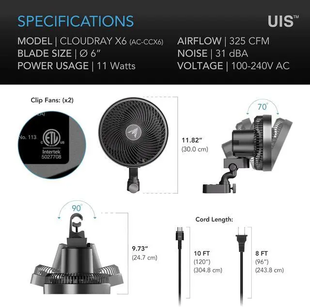 Alt view image 7 of 7 - AC Infinity CLOUDRAY S6 2-Pack, Grow Tent Clip Fan 6 with Redesigned Long-Life EC Motor, Custom 10 Dynamic Wind Speeds and 10-Level Oscillation, for Hydroponics Circulation Cooling, 2-Count