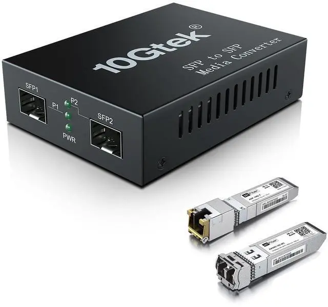 Main image of 10G SFP+ Media Converter, Dual SFP+ Port, Fiber to Ethernet Converter with 10GBase-T and 10 Gigabit SFP+ SR Module, Support CAT6.a/7 and Multimode LC Fiber Cable, MMF, 850nm, up to 300m