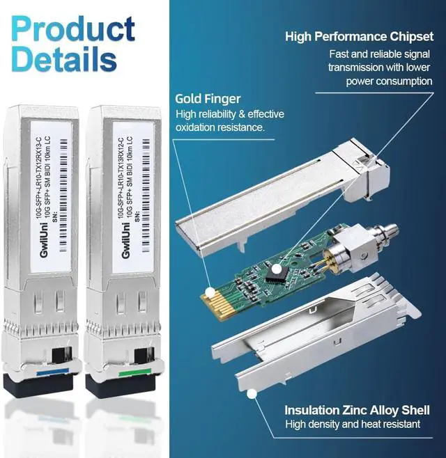 Alt view image 4 of 7 - 5 Pairs 10G BIDI SFP+ Single Mode Fiber Module Network Transceiver, LR SM 1270nm 1330nm 10km, Simplex LC Interface for Switch, Router, Firewall, Network Card, Server etc