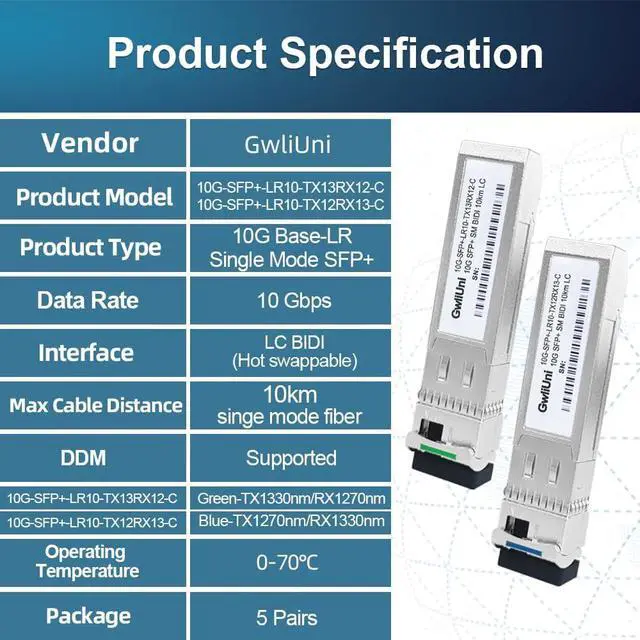 Alt view image 7 of 7 - 5 Pairs 10G BIDI SFP+ Single Mode Fiber Module Network Transceiver, LR SM 1270nm 1330nm 10km, Simplex LC Interface for Switch, Router, Firewall, Network Card, Server etc