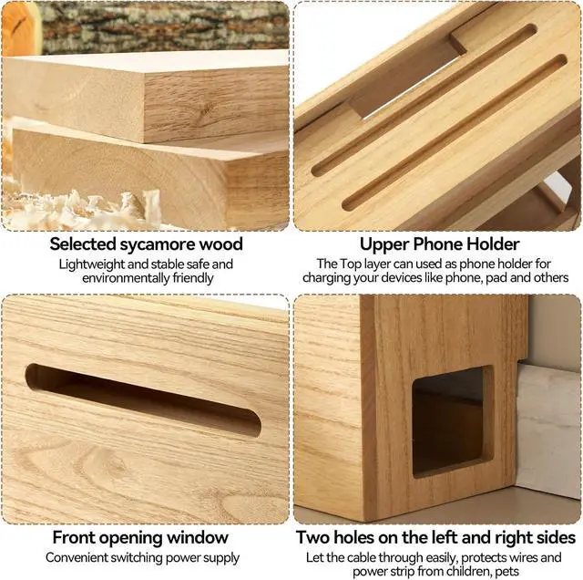 Alt view image 4 of 7 - KIRIGEN Wireless Router Storage Box Multi Layer Router Organizer Shelf Wood Power Cable Management and Organizing Rack Box for Office and Home Natural (LYQ-NA)