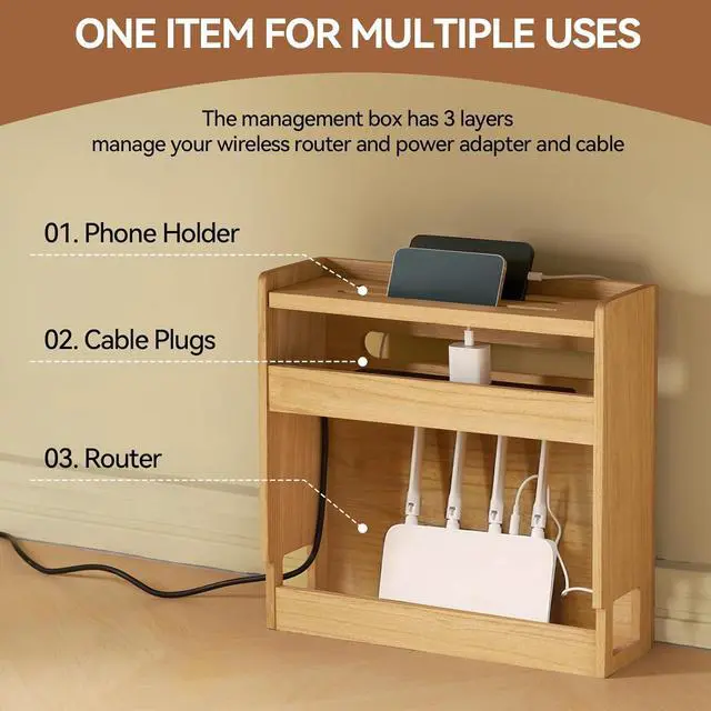 Alt view image 5 of 7 - KIRIGEN Wireless Router Storage Box Multi Layer Router Organizer Shelf Wood Power Cable Management and Organizing Rack Box for Office and Home Natural (LYQ-NA)
