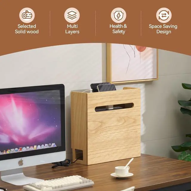 Alt view image 7 of 7 - KIRIGEN Wireless Router Storage Box Multi Layer Router Organizer Shelf Wood Power Cable Management and Organizing Rack Box for Office and Home Natural (LYQ-NA)