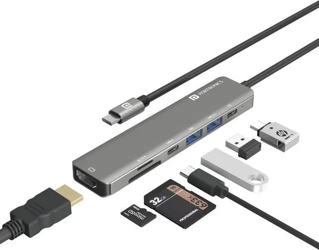 Main image of Portronics Mport 52 USB C Hub Dock (7-in-1), Multiport Adapter with 4K HDMI, 60 W PD Charging, USB 3.0/2.0 & USB Type-C Data Ports at up to 10 Gbps, microSD & SD Card Reader for Laptops(Grey)