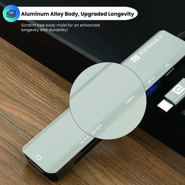 Alt view image 7 of 7 - Portronics Mport 52 USB C Hub Dock (7-in-1), Multiport Adapter with 4K HDMI, 60 W PD Charging, USB 3.0/2.0 & USB Type-C Data Ports at up to 10 Gbps, microSD & SD Card Reader for Laptops(Grey)