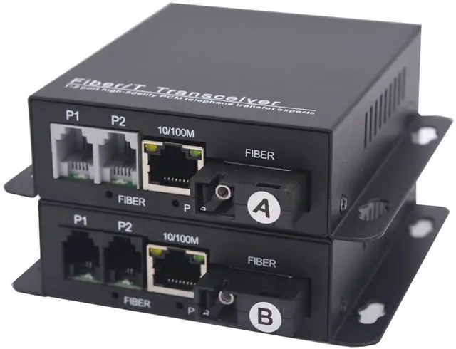 Main image of 2 x RJ11 Telephone and 10/100 Mbps Ethernet Over Fiber Converter - POTS to Fiber Optic Extender, Universal Single Mode up to 20Km(12.4 mi) and Multimode 500m(0.31 mi), A Pair.