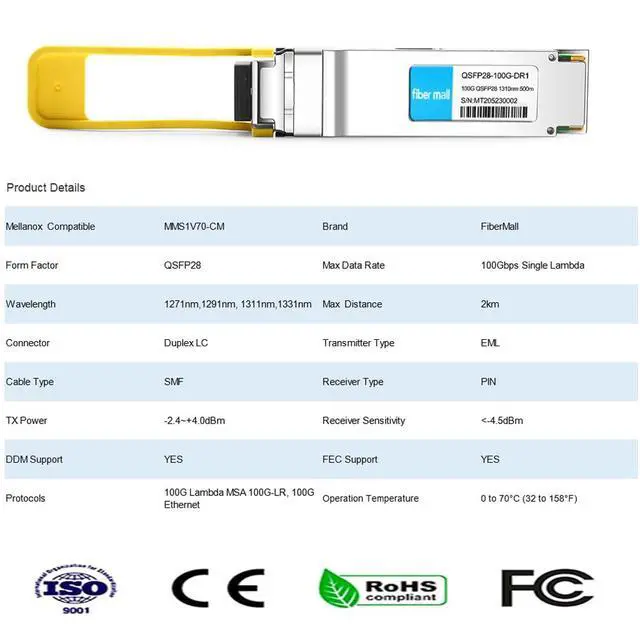 Alt view image 2 of 6 - 100G QSFP28 DR Single Lambda Optical Transceiver Module, Compatible with Mellanox MMS1V70-CM,100GBASE-DR QSFP28 1310nm 500m Duplex LC SMF with FEC DDM