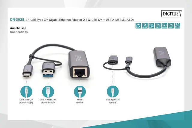 Alt view image 3 of 7 - DIGITUS USB Network Adapter - 2.5 Gbit/s - RJ45 to USB-C 3.1 - incl. Type-A Adapter - Full-Duplex - Auto MDI-X - Grey