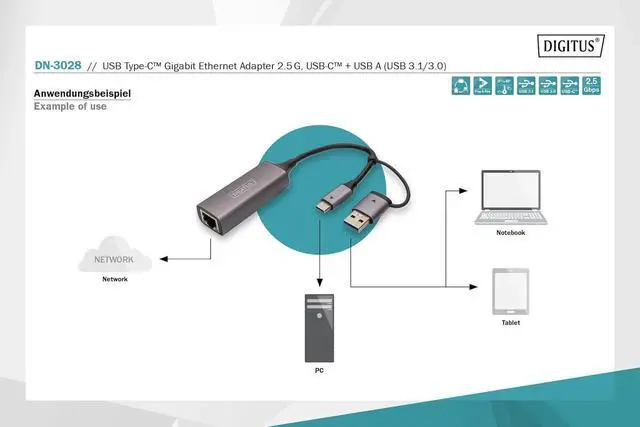 Alt view image 4 of 7 - DIGITUS USB Network Adapter - 2.5 Gbit/s - RJ45 to USB-C 3.1 - incl. Type-A Adapter - Full-Duplex - Auto MDI-X - Grey