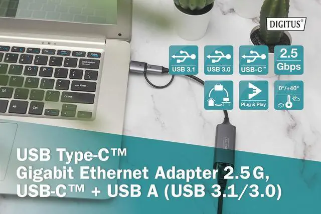 Alt view image 5 of 7 - DIGITUS USB Network Adapter - 2.5 Gbit/s - RJ45 to USB-C 3.1 - incl. Type-A Adapter - Full-Duplex - Auto MDI-X - Grey