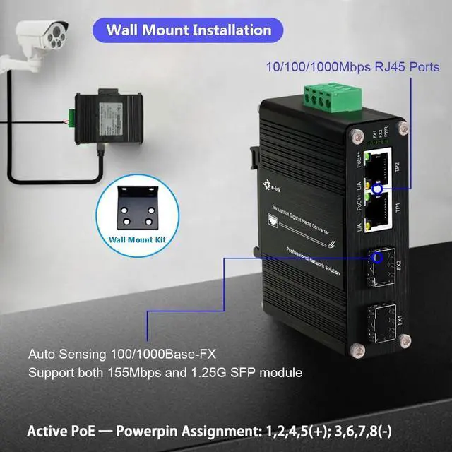 Alt view image 2 of 7 - Mini Industrial Gigabit PoE Media Converter - Din Rail Mount Hardened 10/100/1000Mbps Ethernet to SFP Fiber Converter IEEE 802.3bt 90W PoE++ Fiber Switch with 2 RJ45 Ports and 2 SFP Ports