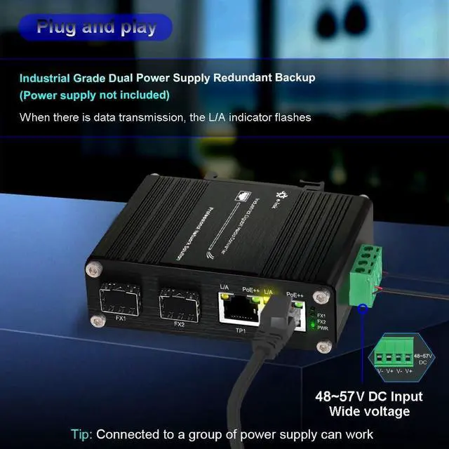 Alt view image 3 of 7 - Mini Industrial Gigabit PoE Media Converter - Din Rail Mount Hardened 10/100/1000Mbps Ethernet to SFP Fiber Converter IEEE 802.3bt 90W PoE++ Fiber Switch with 2 RJ45 Ports and 2 SFP Ports