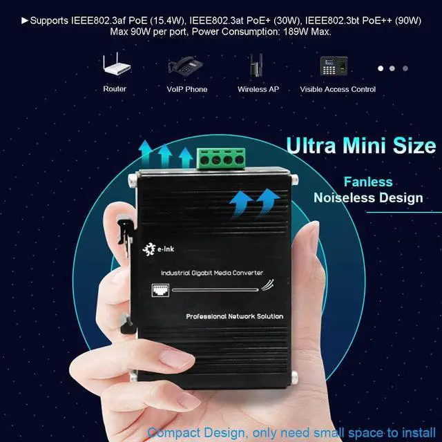 Alt view image 6 of 7 - Mini Industrial Gigabit PoE Media Converter - Din Rail Mount Hardened 10/100/1000Mbps Ethernet to SFP Fiber Converter IEEE 802.3bt 90W PoE++ Fiber Switch with 2 RJ45 Ports and 2 SFP Ports