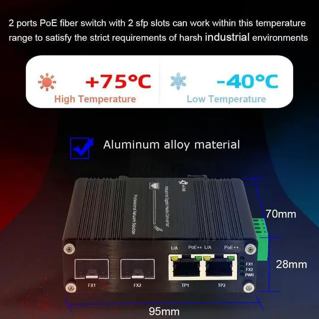 Alt view image 7 of 7 - Mini Industrial Gigabit PoE Media Converter - Din Rail Mount Hardened 10/100/1000Mbps Ethernet to SFP Fiber Converter IEEE 802.3bt 90W PoE++ Fiber Switch with 2 RJ45 Ports and 2 SFP Ports