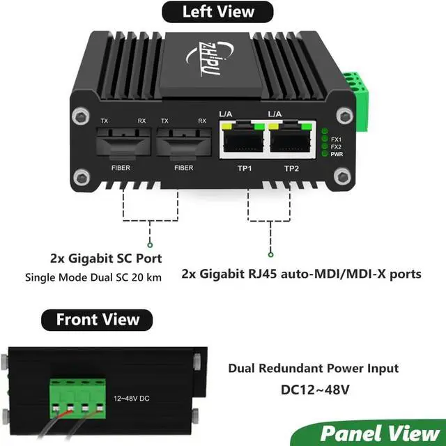 Alt view image 2 of 7 - 2-Port Industrial Switch with 2 Dual SC Fiber Port, Single Mode Gigabit Dual SC Fiber Media Converter 20 km, Mini 10/100/1000Mbps Ethernet to SC Fiber Switch, DC12~48V Input, IP40 Rated Aluminum case