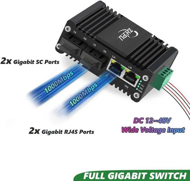 Alt view image 5 of 7 - 2-Port Industrial Switch with 2 Dual SC Fiber Port, Single Mode Gigabit Dual SC Fiber Media Converter 20 km, Mini 10/100/1000Mbps Ethernet to SC Fiber Switch, DC12~48V Input, IP40 Rated Aluminum case