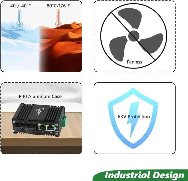 Alt view image 6 of 7 - 2-Port Industrial Switch with 2 Dual SC Fiber Port, Single Mode Gigabit Dual SC Fiber Media Converter 20 km, Mini 10/100/1000Mbps Ethernet to SC Fiber Switch, DC12~48V Input, IP40 Rated Aluminum case