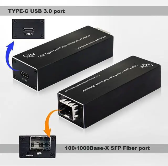 Alt view image 2 of 7 - USB 3.0 Type-C to Fiber Network Adapter, USB-C to 100/1000Base-X Open SFP Ethernet Card, Compatible with Windows Server/Windows/Linux, DC 5V