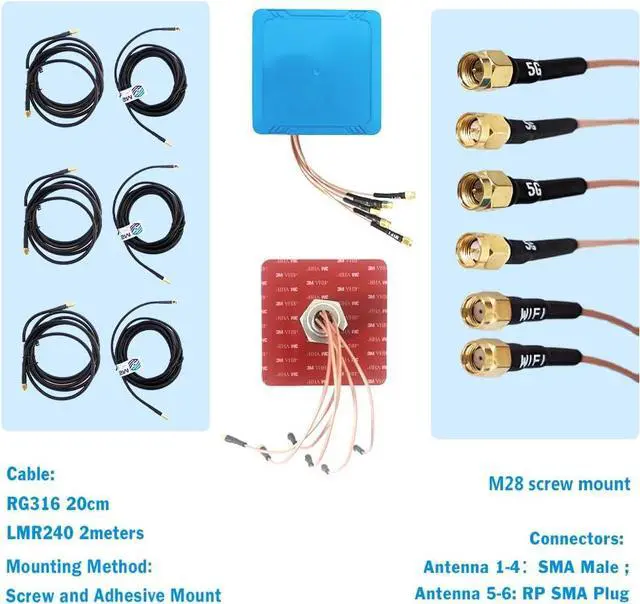 Alt view image 4 of 7 - Maswell 6 Combo 5G 4X4 MIMO WIFI7 2X2 MIMO 700-6000MHz 6 in 1 Antenna Cellular 5G 4G LTE Screw and Adhesive Mount omnidirectional Bluetooth Wimax Zigbee Antenna SMA Male RP SMA Plug Not for Boosting