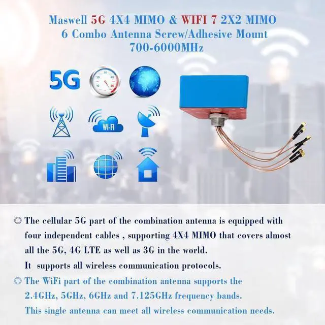 Alt view image 5 of 7 - Maswell 6 Combo 5G 4X4 MIMO WIFI7 2X2 MIMO 700-6000MHz 6 in 1 Antenna Cellular 5G 4G LTE Screw and Adhesive Mount omnidirectional Bluetooth Wimax Zigbee Antenna SMA Male RP SMA Plug Not for Boosting