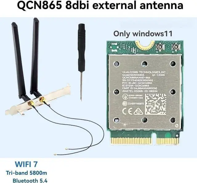 Alt view image 2 of 6 - Tri Band WiFi7 QCNCM865 Wireless WiFi Card Bluetooth 5.4 2.4G/5G/6Ghz Network Wireless Adapter for 802.11be M.2 NGFF WLAN WiFi Card Only Antenna for Win11