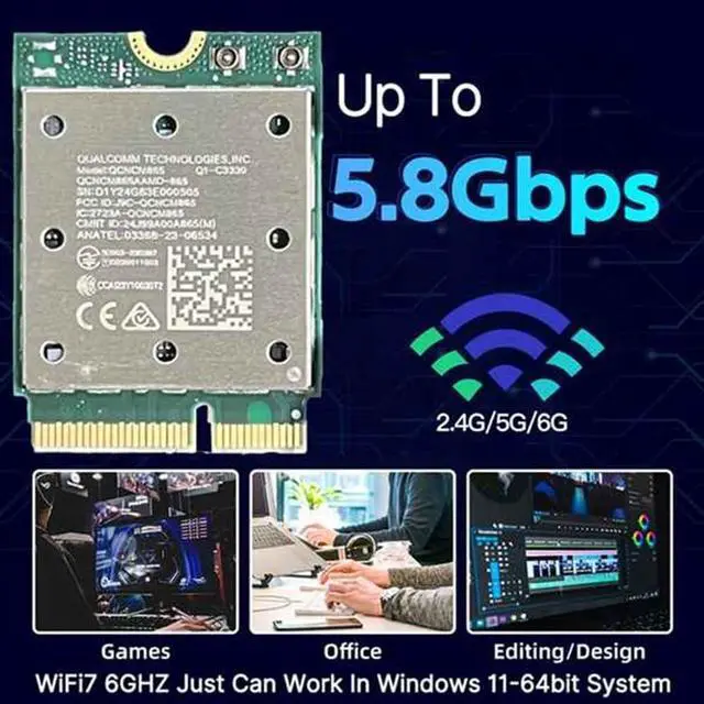 Alt view image 6 of 6 - Tri Band WiFi7 QCNCM865 Wireless WiFi Card Bluetooth 5.4 2.4G/5G/6Ghz Network Wireless Adapter for 802.11be M.2 NGFF WLAN WiFi Card Only Antenna for Win11