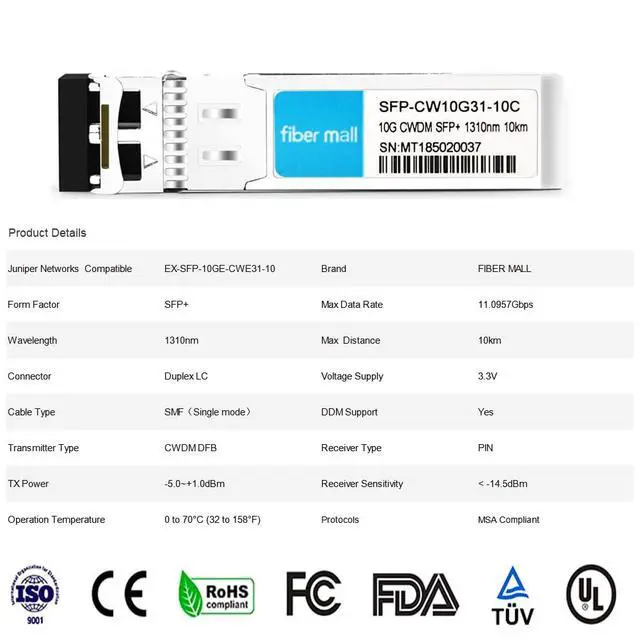 Alt view image 2 of 6 - FibeMall 10G CWDM SFP+ for Compatible Juniper Networks EX-SFP-10GE-CWE31-10 CWDM SFP 10 Gigabit 1310mm 10km DOM Duplex LC Single Module Transceiver Module