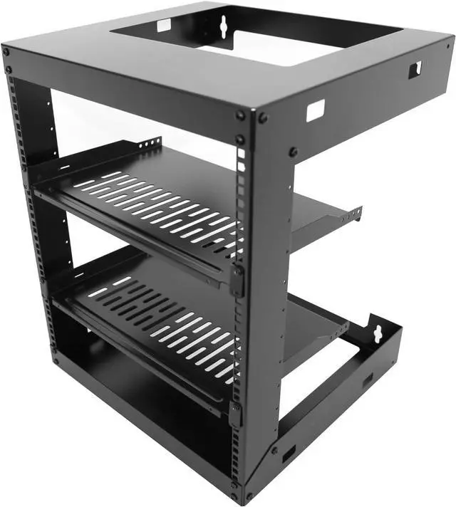 Main image of 9U Wall Mount Open Frame 19 Inch Server Equipment Rack Wall Mountable Heavy Duty Design - Holds All Networking & AV Gear - Open Frame Includes 2 1U 12in Vented Shelves & Mounting screws (WALL RACK 9U)