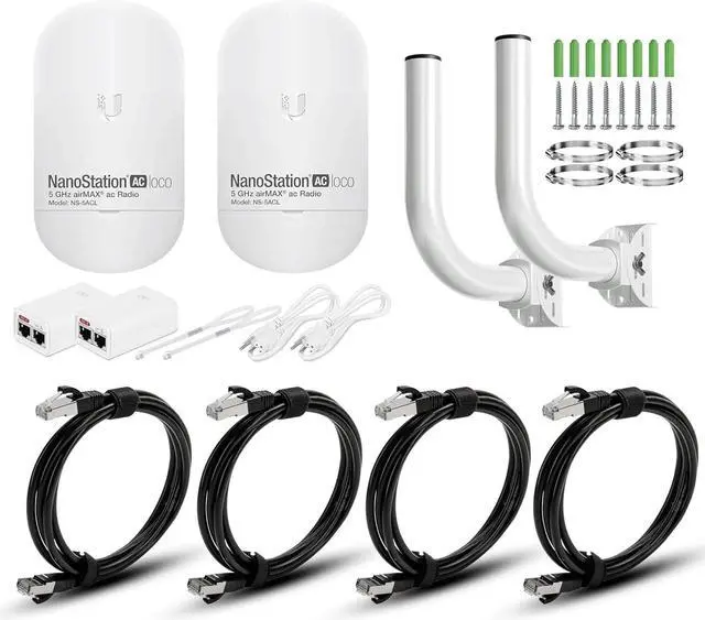 Main image of Wireless Bridge Ubiquiti LOCO5AC PRE-CONFIGURED, Bundle of 2 Nanostation LOCO 5AC, 2 Poles Kit and 4 CAT 8 Cable 6FT, Point to Point Outdoor WiFi Bridge, Plugh and Play, 5GHz, 450+Mbps, 10+km