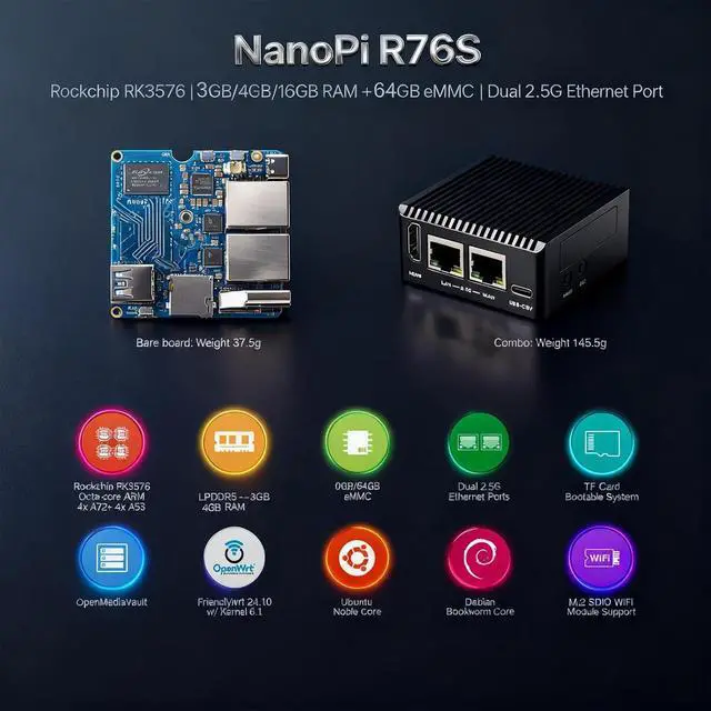 Alt view image 2 of 7 - NanoPi R76S Router, RK3576 Octa-Core SoC with AI Model, LPDDR5 4GB RAM 64GB eMMC, 6TOPS NPU,Dual 2.5G Ethernet, Support M.2 Wi-Fi Module (None M.2 WiFi,3+0GB,TF Card Kit)