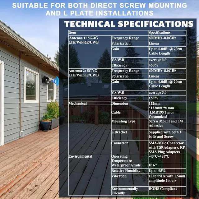 Alt view image 6 of 7 - Maswell 5G 2X2 MIMO Antenna Cellular 5G/4G LTE/3G GSM WiFi6E/UWB Screw and 3M Adhesive IP67 L Bracket Mount Both TS9 and SMA Male RP SMA Plug, AN_Master_Cubic-2C-LP