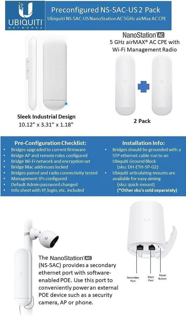 Main image of NanoStation AC NS-5AC-US PRE-CONFIGURED 5 GHz Airmax AC CPE; Dedicated Wi-Fi Radio for Management, 450+ Mbps Throughput (2 Pack)