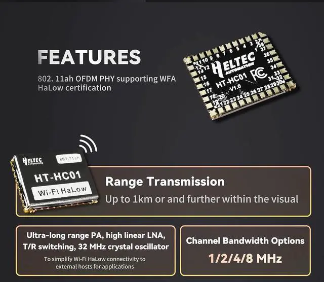 Alt view image 3 of 7 - Wi-Fi HaLow Module HT-HC01 IEEE 802.11ah Standard 902-928MHz 1-2KM Long-Range Transmission Sub 1GHz Dual Band 24GHz Wi-Fi Mesh Wireless Access IoT Low Power Consumption Device (5)