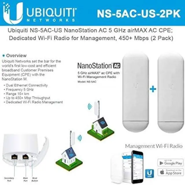 Alt view image 2 of 2 - NanoStation AC NS-5AC-US 5 GHz Airmax AC CPE Dedicated Wi-Fi Radio for Management 450+ Mbps (2 Pack)