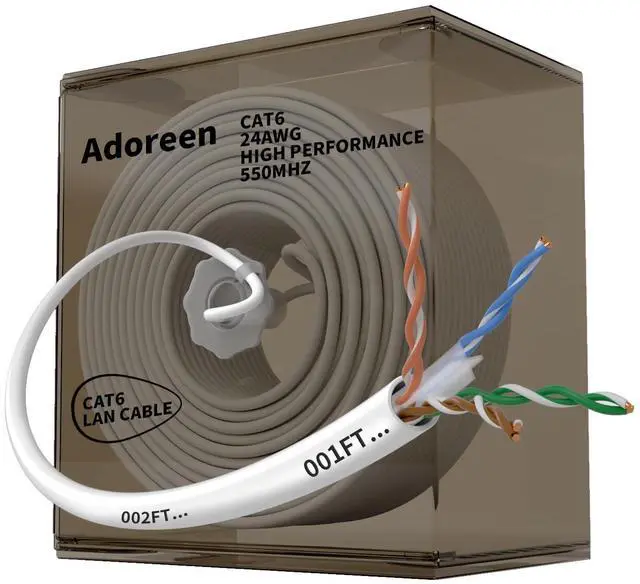 Main image of Adoreen Bulk Cat 6 Ethernet Cable 1000 Ft White, Easy Pull Box, 24AWG CCA, 10Gbps 550Mhz, POE,Soft Flexible Smooth UTP Internet Network Cable-Running FT Count
