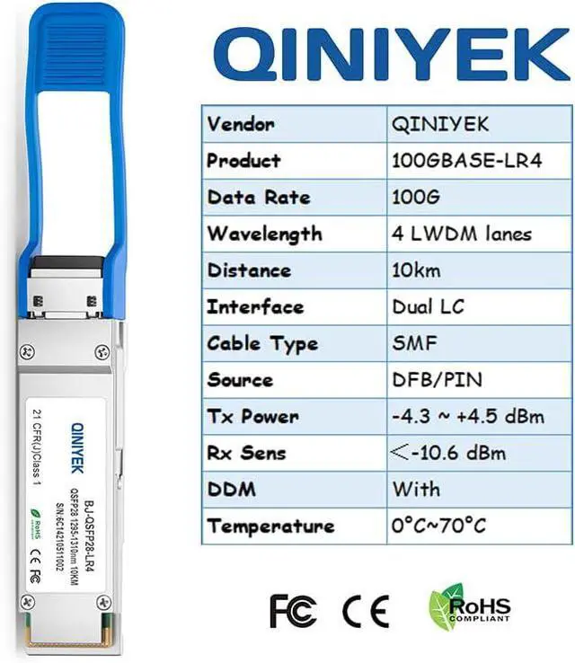 Alt view image 7 of 7 - 100GBASE-LR4 QSFP28 Module LC SingleMode Transceiver,100G QSFP28 Transceiver Module,Compatible with Mellanox MMA1L10-CR (SMF,LWDM,10km,DDM)