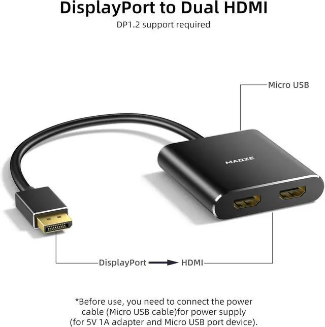 Alt view image 4 of 6 - 4K@60Hz DisplayPort to Dual HDMI Adapter  Display Port to 2 HDMI Splitter, MST Dual Monitor Splitter for Computer Laptop Graphic Card,PC,Windows