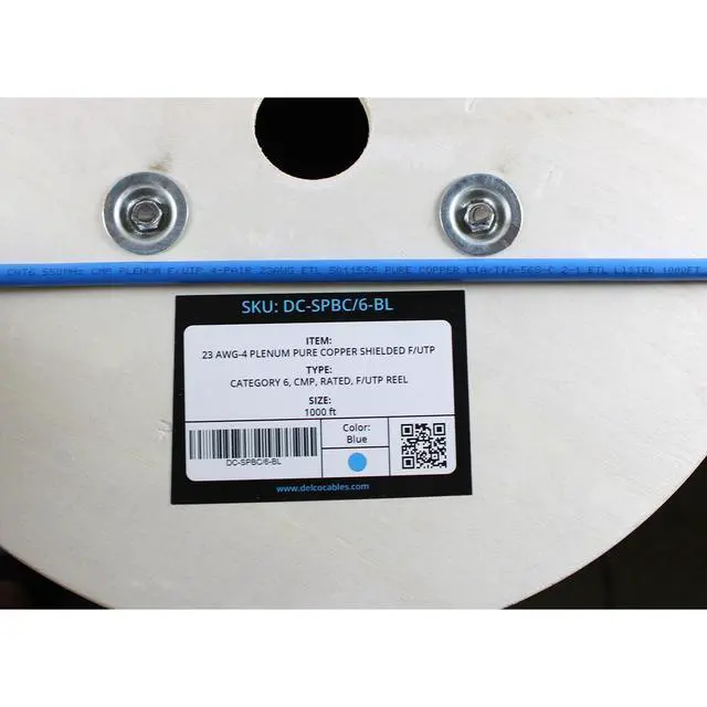 Alt view image 4 of 6 - Cat6 Plenum Cable 1000ft | ETL Listed | F/UTP Shielded Twisted Pairs | 23AWG Solid Bare Copper | 750MHz High-Speed Ethernet | Wooden Reel | Fire Retardant CMP (Cat6 Plenum Shielded, Blue, 1000ft)