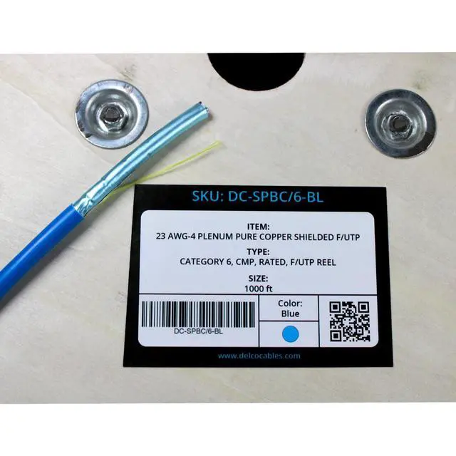 Alt view image 5 of 6 - Cat6 Plenum Cable 1000ft | ETL Listed | F/UTP Shielded Twisted Pairs | 23AWG Solid Bare Copper | 750MHz High-Speed Ethernet | Wooden Reel | Fire Retardant CMP (Cat6 Plenum Shielded, Blue, 1000ft)