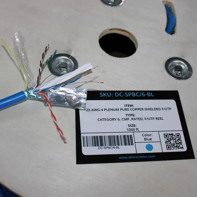 Alt view image 6 of 6 - Cat6 Plenum Cable 1000ft | ETL Listed | F/UTP Shielded Twisted Pairs | 23AWG Solid Bare Copper | 750MHz High-Speed Ethernet | Wooden Reel | Fire Retardant CMP (Cat6 Plenum Shielded, Blue, 1000ft)