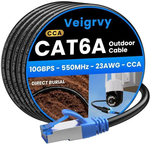 Main image of Cat6A Outdoor Ethernet Cable 300 ft Supports POE, 23AWG 10Gbps 550MHz high-Speed CAT6A Cable, Internet Cable Direct Burial Waterproof LLDPE Jacket UTP UV Ethernet Cord with 80 Cable Ties