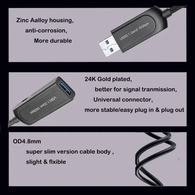 Alt view image 6 of 7 - UL CMP/Plenum & CSA FT6 Rated Jacket USB 3.1 Male Female Extension Cable 164FT Fiber Optical 10Gbps Compatible with Windows Mac OS,Linux,Industrial Camera Machine Vision,Camera,Gaming