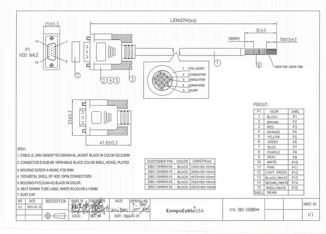 Alt view image 5 of 5 - Compucableplususa.com Best Industrial Serial HD DB15 High Density D-Sub 15 Pin RS232 Serial Cable with Bare Wire - 28 AWG with Black PVC Jacket (Male, 10 Feet)