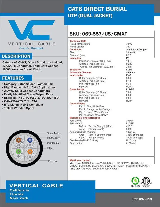 Alt view image 3 of 4 - Vertical Cable Cat6, UTP Dual Jacket, Direct Burial, 1000ft, Black, Bulk Ethernet Cable