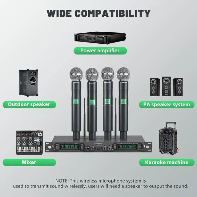 Alt view image 6 of 7 - Phenyx Pro Wireless Microphone System, 4-Channel UHF Wireless Mic, Fixed Frequency Metal Cordless Mic with 4 Handheld Dynamic Microphones, 260ft Range, Mics for Singing, Church(PTU-5000-4H)