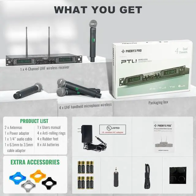 Alt view image 7 of 7 - Phenyx Pro Wireless Microphone System, 4-Channel UHF Wireless Mic, Fixed Frequency Metal Cordless Mic with 4 Handheld Dynamic Microphones, 260ft Range, Mics for Singing, Church(PTU-5000-4H)