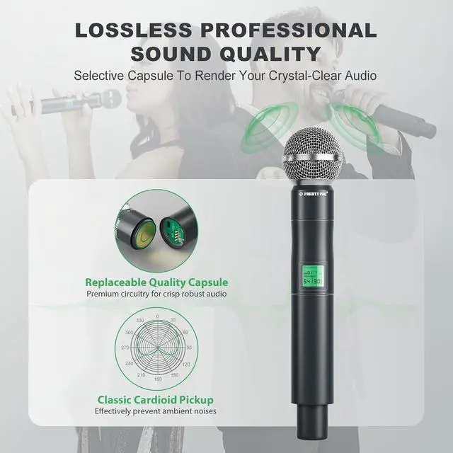 Alt view image 2 of 7 - Phenyx Pro Wireless Microphone System, 4-Channel UHF Wireless Mic, Fixed Frequency Metal Cordless Mic with 4 Handheld Dynamic Microphones, 260ft Range, Mics for Singing, Church(PTU-5000-4H)