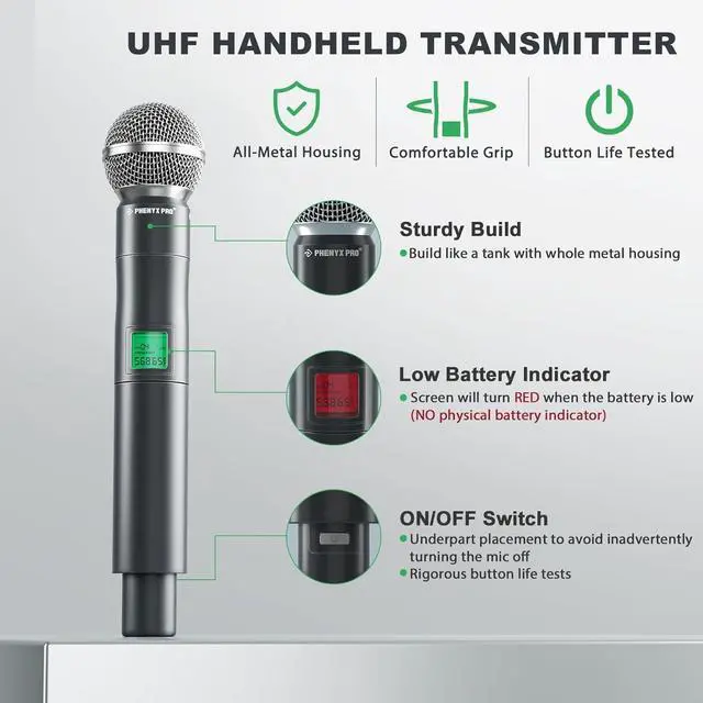 Alt view image 3 of 7 - Phenyx Pro Wireless Microphone System, 4-Channel UHF Wireless Mic, Fixed Frequency Metal Cordless Mic with 4 Handheld Dynamic Microphones, 260ft Range, Mics for Singing, Church(PTU-5000-4H)